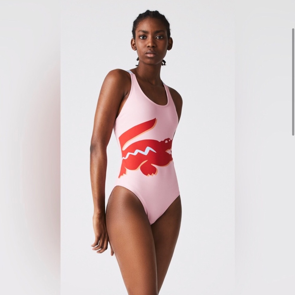 Lacoste Crocodile Print Criss Cross Strap Back Suimsuit Sz 34